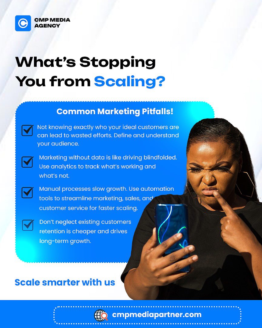 cmpmediapartner's tweet photo. Feeling stuck in your business growth?
It might be silent marketing pitfalls like poor targeting, no data, or ignoring retention.
Fix the basics. Scale smarter.
#businessgrowth #marketingtips #scaleyourbusiness #cmpmediapartner https://t.co/xA2w0pvDV5
