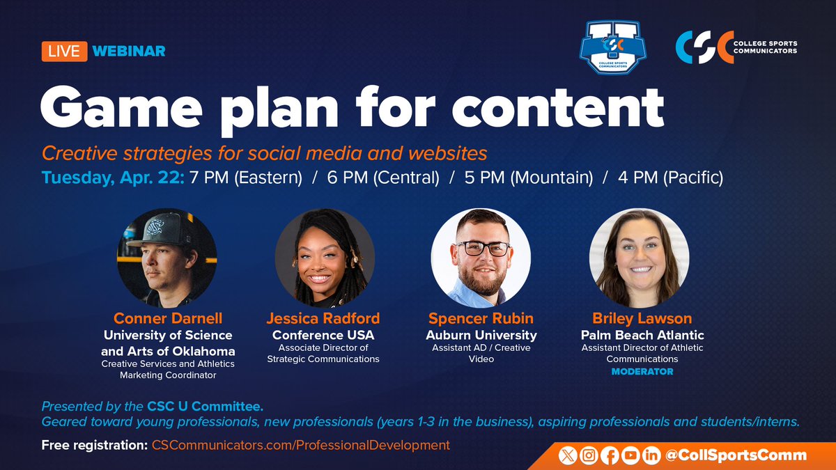 College Sports Communicators (@collsportscomm) on Twitter photo From storytelling and athlete features to creative social campaigns and planning strategies, learn how to keep your audiences engaged and your program's brand thriving year-round across social media and digital platforms with panelists <a href="/GotDunks21/">Conner Darnell</a> (<a href="/DroverAthletics/">USAO Drover Athletics</a>), From storytelling and athlete features to creative social campaigns and planning strategies, learn how to keep your audiences engaged and your program's brand thriving year-round across social media and digital platforms with panelists <a href="/GotDunks21/">Conner Darnell</a> (<a href="/DroverAthletics/">USAO Drover Athletics</a>),