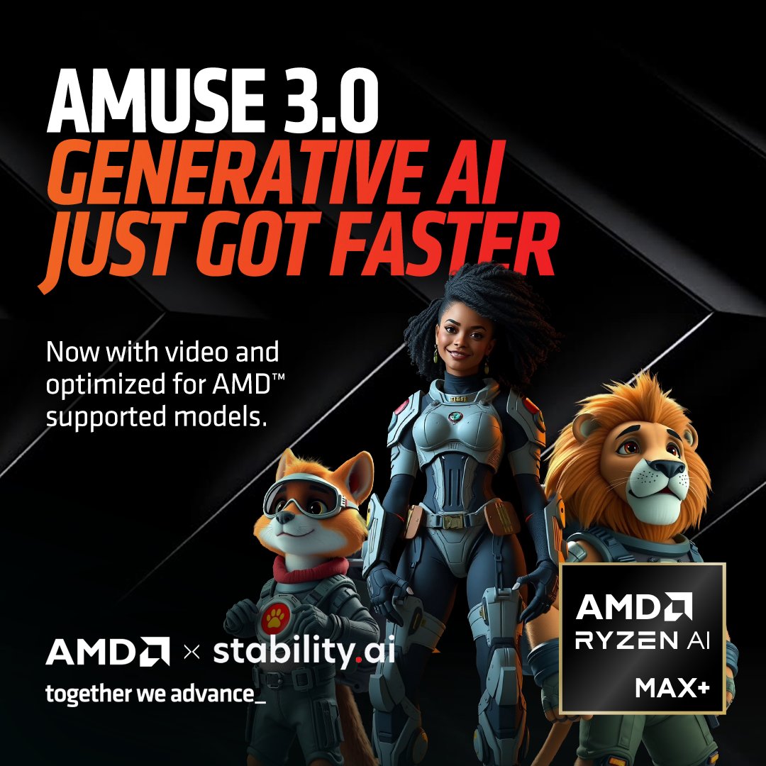 AMD's tweet photo. Generative AI just got better and faster. Introducing Amuse 3.0, powered by AMD optimized models co-developed with @StabilityAI and delivering up to 4.3x faster inference on AMD Radeon GPUs and up to 3.3x faster inference on Ryzen AI processors.
 
What’s new in Amuse 3.0:
• AMD optimized models
• High quality Photo AI Filters
• Draft quality Video Diffusion and Video Restyle
• 100+ new image models and fine tunes added
 
Learn more about all the new updates: https://t.co/mThKSpw2BS