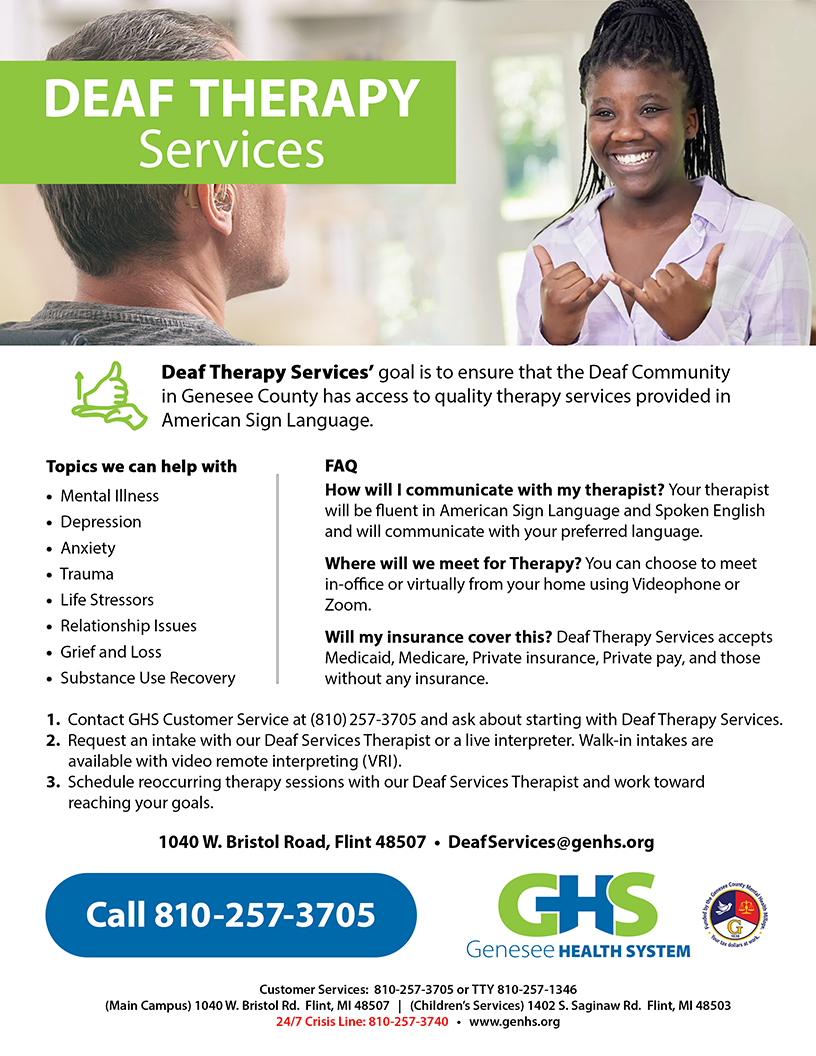 GHS has Deaf Therapy Services to ensure that the Deaf Community in Genesee County has access to quality therapy services provided in American Sign Language.

#AmericanSignLanguage #ASL #DeafServices