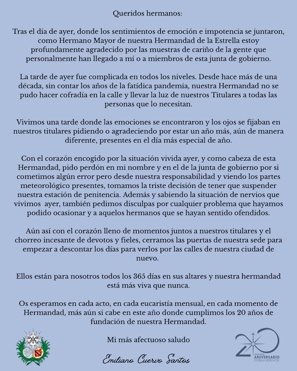 🔵 MENSAJE HERMANO MAYOR | 

En la tarde de hoy, nuestro H.M.D Emiliano Cuervo nos dirige este mensaje a todos los hermanos. 

Restamos ya los días para un nuevo #SueñoDeMartesSanto 

#SienteLaEstrella #20AñosDeEstrella