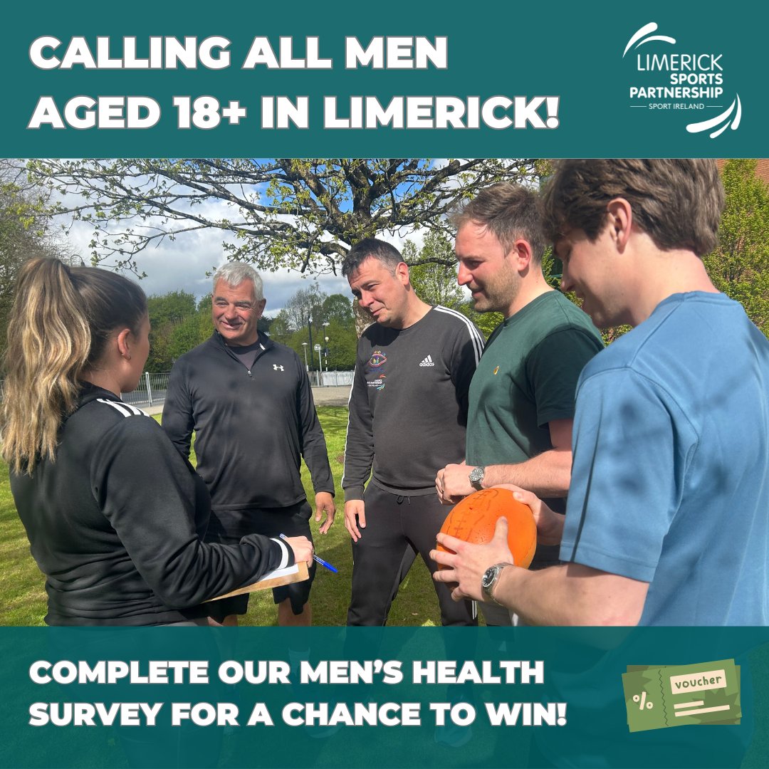 Limerick Sports (@limericksports) on Twitter photo Limerick men aged 18+ – we want YOUR input!
Take our quick survey to help shape future fitness & activity programmes.
Be in with a chance to WIN one of five €50 vouchers!
👉 forms.gle/xErFnktuGgMTde…
<a href="/sportireland/">Sport Ireland</a> <a href="/Limerick_ie/">Limerick.ie</a> <a href="/ULimsport/">UL Sport</a> <a href="/UL/">University Of Limerick</a> <a href="/HSEMidWest/">HSE Mid West</a>
#ActiveLimerick Limerick men aged 18+ – we want YOUR input!
Take our quick survey to help shape future fitness & activity programmes.
Be in with a chance to WIN one of five €50 vouchers!
👉 forms.gle/xErFnktuGgMTde…
<a href="/sportireland/">Sport Ireland</a> <a href="/Limerick_ie/">Limerick.ie</a> <a href="/ULimsport/">UL Sport</a> <a href="/UL/">University Of Limerick</a> <a href="/HSEMidWest/">HSE Mid West</a>
#ActiveLimerick