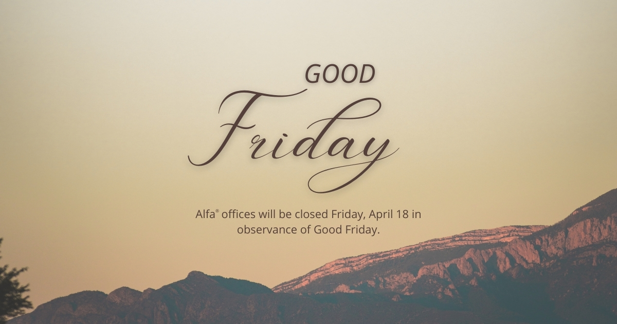 theALFAguy's tweet photo. All Alfa offices will be closed April 18th in observance of Good Friday, a day of reverence and reminder of His love. 💜

Need to get in touch? Visit https://t.co/G7bmxkzyH5 for a list of options. https://t.co/Lt3XYKPemd