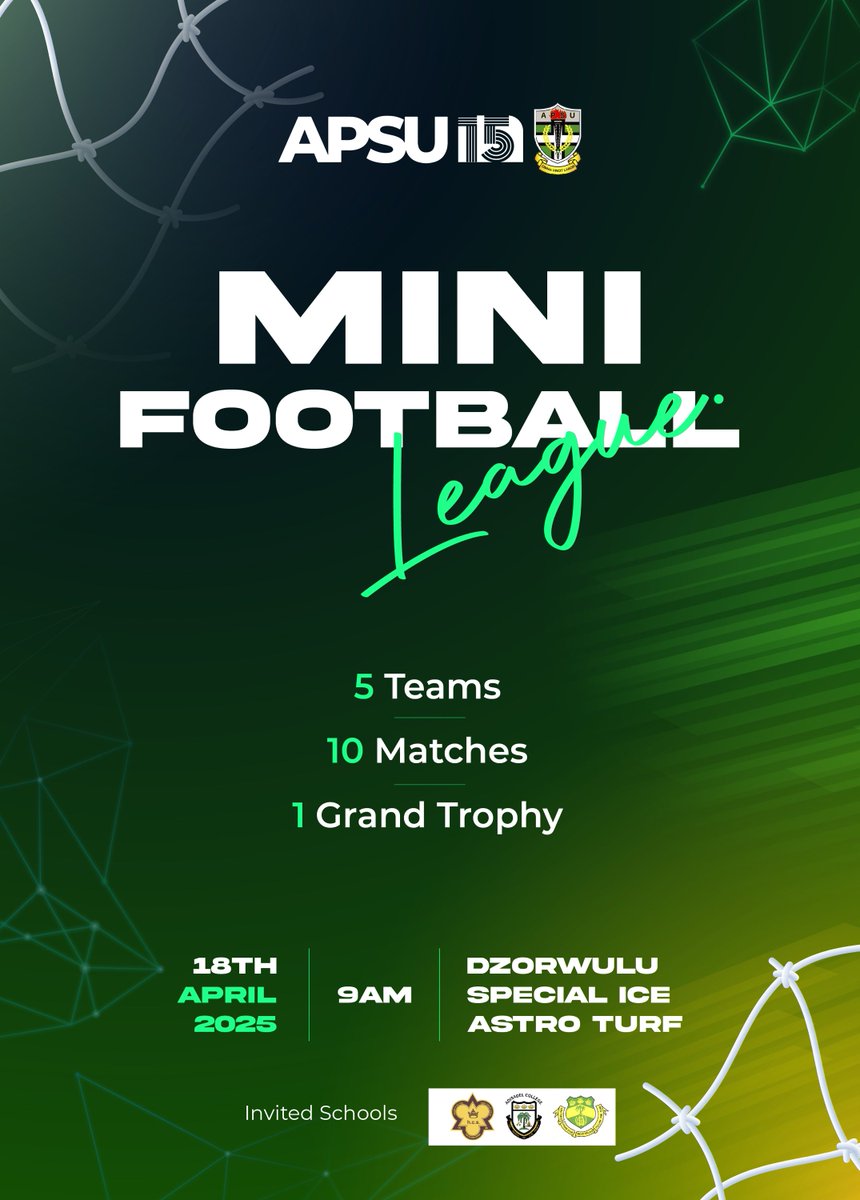 APSU 15 (@apsu_15) on Twitter photo BREAKING NEWS🟢🟢
After weeks of intense “boardroom” talks (group chats and late-night plotting), the APSU15 Mini League is finally here!
The teams have spoken. The turf is ready. The aponkye is set. 
Friday, April 18 | 9AM | Special Ice Astro Turf
Get In. #APSU15 BREAKING NEWS🟢🟢
After weeks of intense “boardroom” talks (group chats and late-night plotting), the APSU15 Mini League is finally here!
The teams have spoken. The turf is ready. The aponkye is set. 
Friday, April 18 | 9AM | Special Ice Astro Turf
Get In. #APSU15