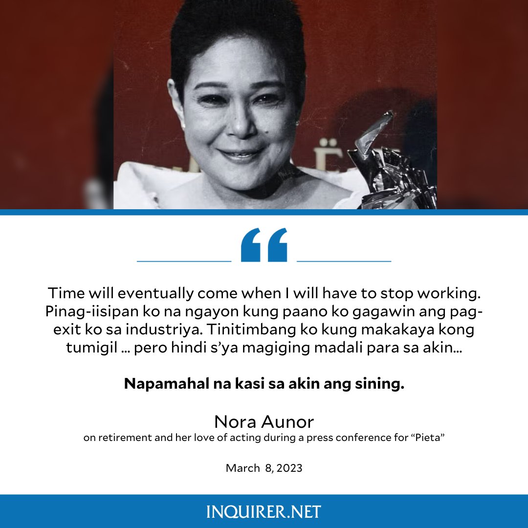 inquirerdotnet's tweet photo. #FromTheArchives: Nora Aunor has admitted that retiring has been at the back of her mind, but it may be hard for the Superstar to turn her back on the industry that has given her so much.

The veteran actress died on Wednesday, April 16, just a month before her 72nd birthday in May.

READ MORE: https://t.co/eahDLM3W6u