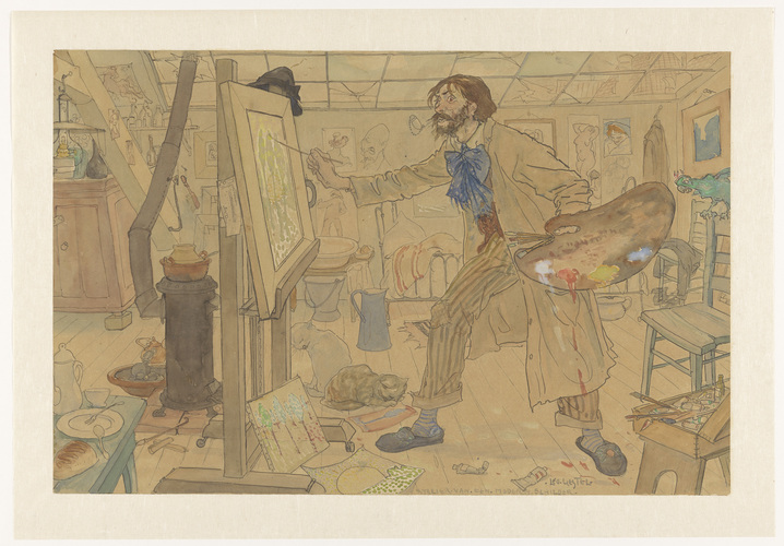 rijksmuseum_art's tweet image. Een enigszins karikaturaal weergegeven schilder ( wsch. Jan Sluyters) werkend in zijn atelier aan een luministisch landschap #artbots #rijksmuseum