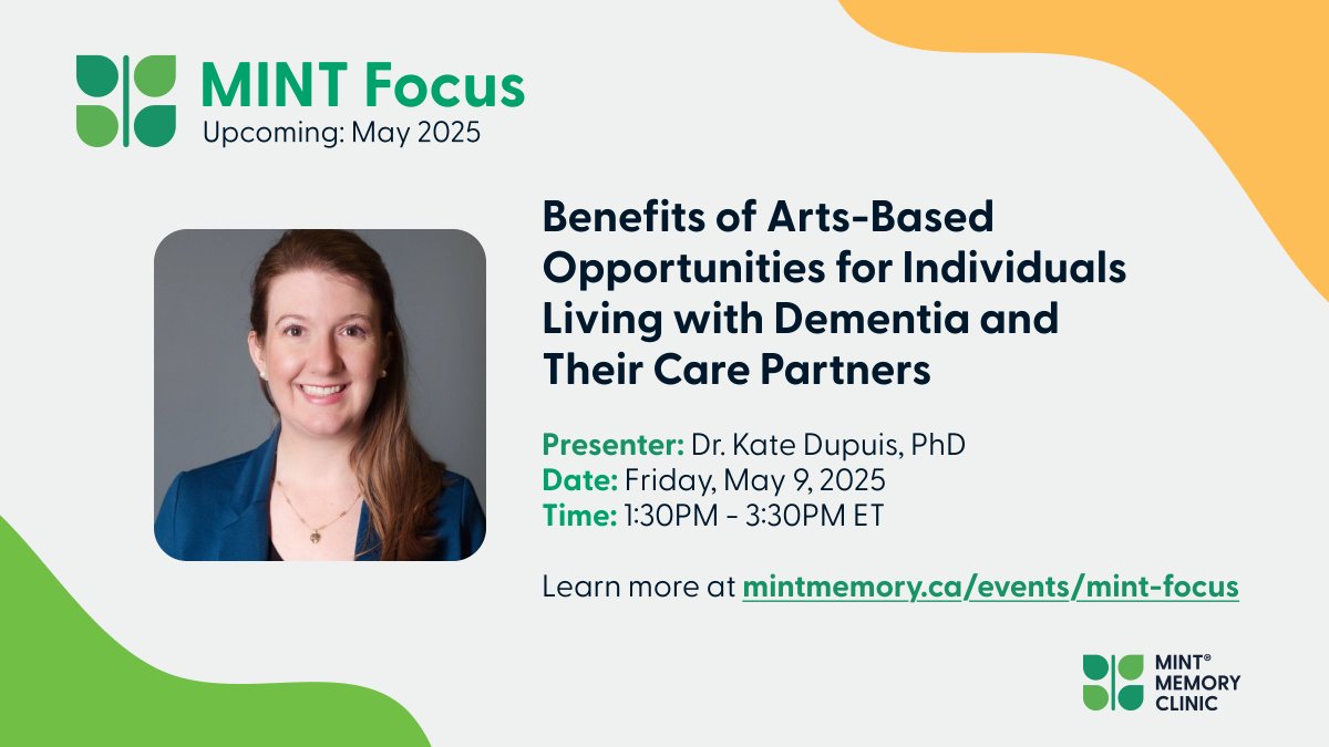MINT Memory Clinic (@mintmemorycare) on Twitter photo Our next MINT Focus guest is Dr. Kate Dupuis <a href="/DrKateTO/">Kate Dupuis</a> ! We're excited to have you 😊💚
Dr. Dupuis will be discussing Benefits of Arts-Based
Opportunities for Individuals
Living with Dementia and
Their Care Partners.
Register now! 🔗memory.ca/events/mint-fo…
#DementiaCare Our next MINT Focus guest is Dr. Kate Dupuis <a href="/DrKateTO/">Kate Dupuis</a> ! We're excited to have you 😊💚
Dr. Dupuis will be discussing Benefits of Arts-Based
Opportunities for Individuals
Living with Dementia and
Their Care Partners.
Register now! 🔗memory.ca/events/mint-fo…
#DementiaCare