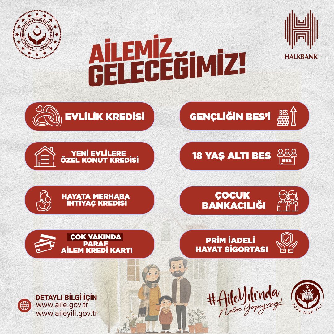 tcailesosyal's tweet photo. 2025 #AileYılı’nda her adımda ailelerimizin yanındayız!

Evlilikten konuta, çocuklardan gençlere…

Kredi, BES, sigorta ve bankacılık çözümleriyle #AilemizGeleceğimiz diyoruz.

@Halkbank 

#AileYılındaNelerYapıyoruz https://t.co/ZsmLCP3Ir6