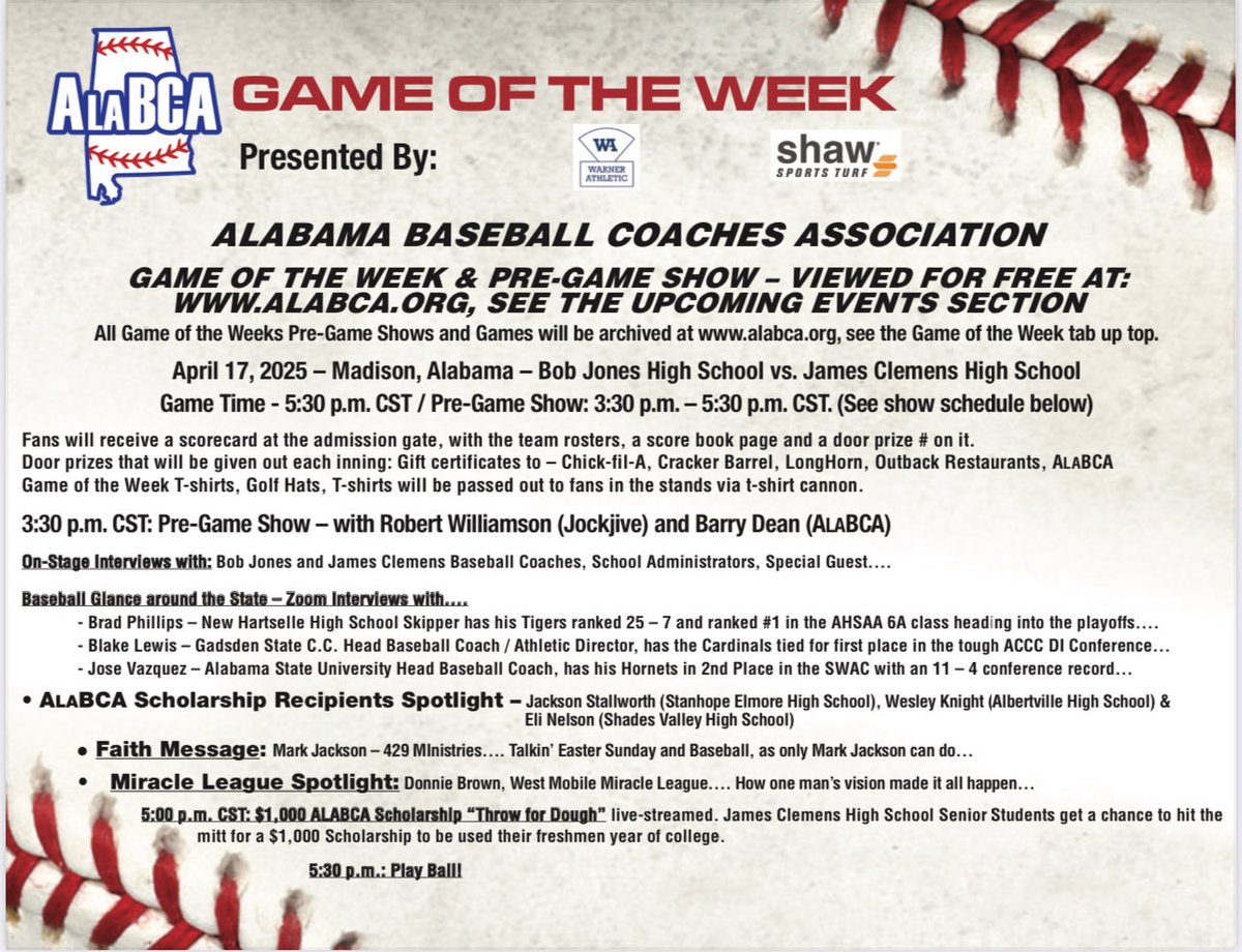 AlaBCA (@alabcaupdates) on Twitter photo Fired up about the GoW tomorrow in Madison, AL with two friendly neighbors taking on each other.
Pre-Game Show, 3:30 pm CST, First Pitch, 5:30 pm CST
<a href="/JCJetsBaseball/">James Clemens Jets Baseball</a> <a href="/BJHSBaseball/">Bob Jones Baseball</a> <a href="/AHSAAUpdates/">AHSAA</a> <a href="/acccathletics/">ACCC</a> <a href="/BenThomasPreps/">Ben Thomas</a> Fired up about the GoW tomorrow in Madison, AL with two friendly neighbors taking on each other.
Pre-Game Show, 3:30 pm CST, First Pitch, 5:30 pm CST
<a href="/JCJetsBaseball/">James Clemens Jets Baseball</a> <a href="/BJHSBaseball/">Bob Jones Baseball</a> <a href="/AHSAAUpdates/">AHSAA</a> <a href="/acccathletics/">ACCC</a> <a href="/BenThomasPreps/">Ben Thomas</a>