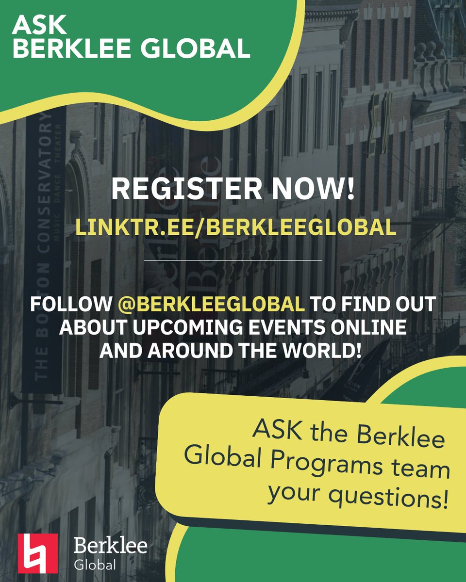 Join us for our next "Ask Berklee Global" on April 24th at 7pm(EDT)!
Connect with the Berklee Global team, and Studying Advising and ask your application questions, learn about studying at Berklee and Credit Transfer pathways.

🔗Register now: linktr.ee/berkleeglobal