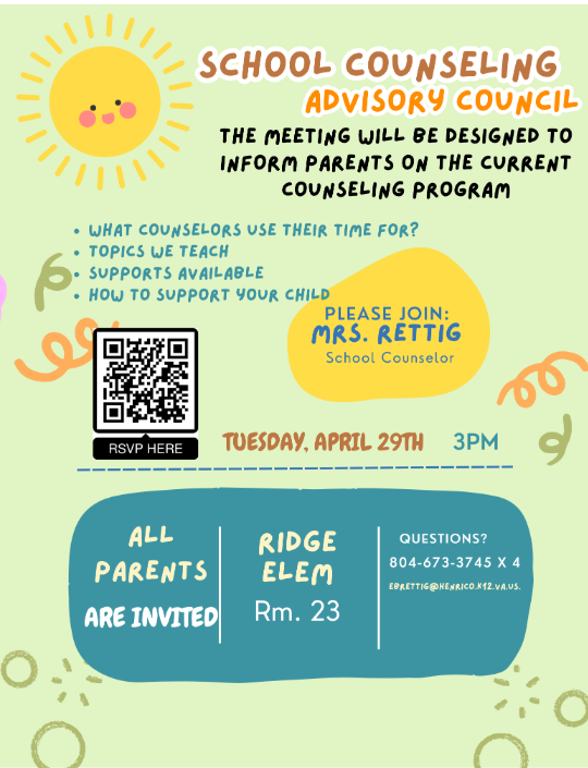 Join our amazing counselors for School Counseling Advisory Council on Tuesday April 29th at 3PM! Learn more about how counselors support our students and how you can support at home!