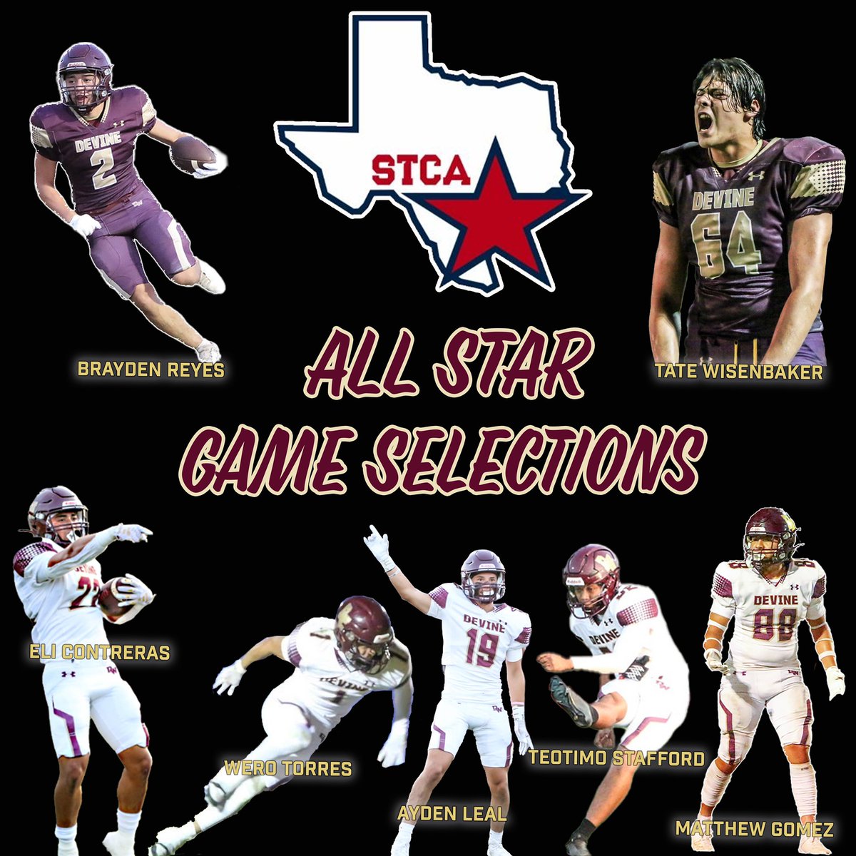 warhorse_nation's tweet photo. Congratulations to the following seniors that were selected to play in the 2025 STCA All Star Football Game on Saturday May, 17 2025 at Eschenburg Field in Floresville, Tx at 7pm. We are definitely grateful and blessed to have these young men representing our program! https://t.co/r4ekHm3rQj