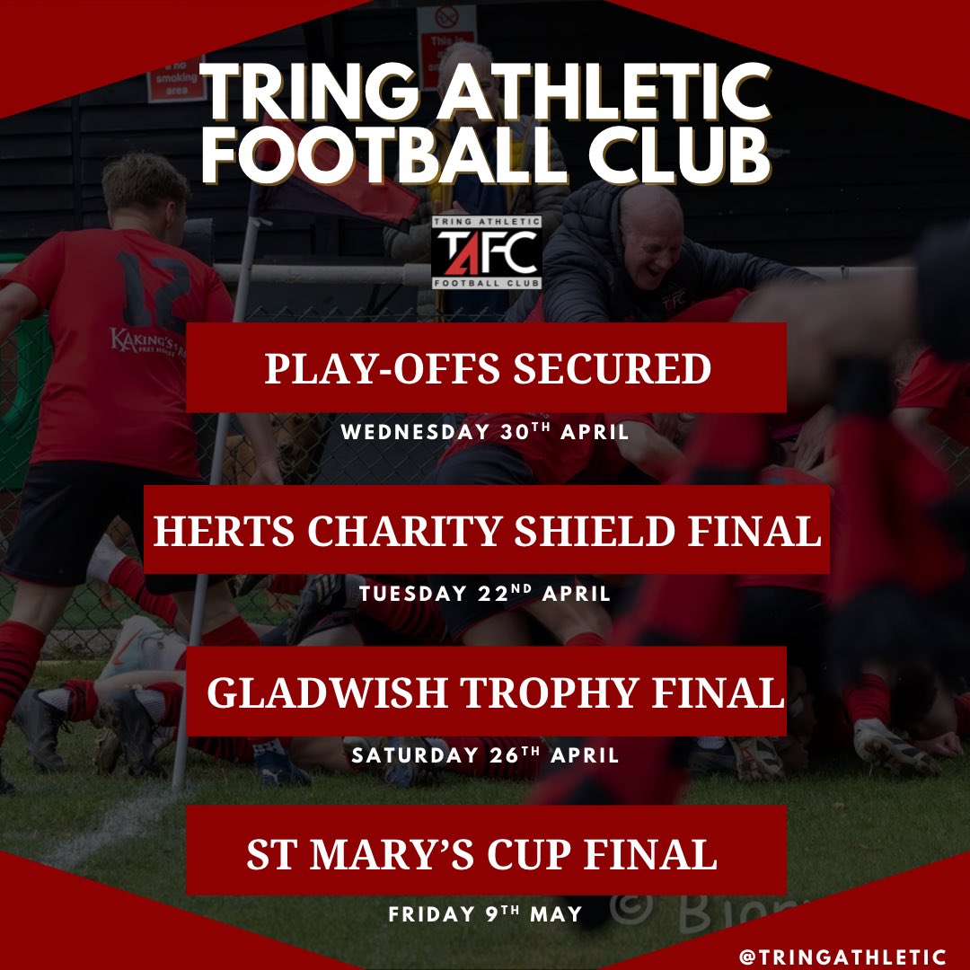 • 𝗣𝗹𝗮𝘆-𝗼𝗳𝗳𝘀 𝘀𝗲𝗰𝘂𝗿𝗲𝗱 ✅
• 𝗛𝗲𝗿𝘁𝘀 𝗖𝗵𝗮𝗿𝗶𝘁𝘆 𝗦𝗵𝗶𝗲𝗹𝗱 𝗙𝗶𝗻𝗮𝗹 ✅
• 𝗚𝗹𝗮𝗱𝘄𝗶𝘀𝗵 𝗧𝗿𝗼𝗽𝗵𝘆 𝗙𝗶𝗻𝗮𝗹 ✅
• 𝗦𝘁 𝗠𝗮𝗿𝘆’𝘀 𝗖𝘂𝗽 𝗙𝗶𝗻𝗮𝗹 ✅

A big end to the season coming up and we need your support! 🫵⚽️

#TAFC 🔴⚫️