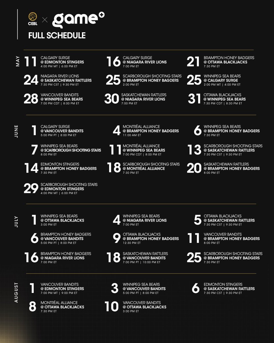 Catch #CEBL hoops on <a href="/GamePlusNetwork/">Game+ Network</a> this summer 🔥

Available across North America on cable, IPTV, satellite, and subscription streaming services, Game+ will broadcast 33 games this season, starting with the first game of #CEBLSeasonVII, May 11 when the <a href="/ED_Stingers/">Edmonton Stingers</a> host the