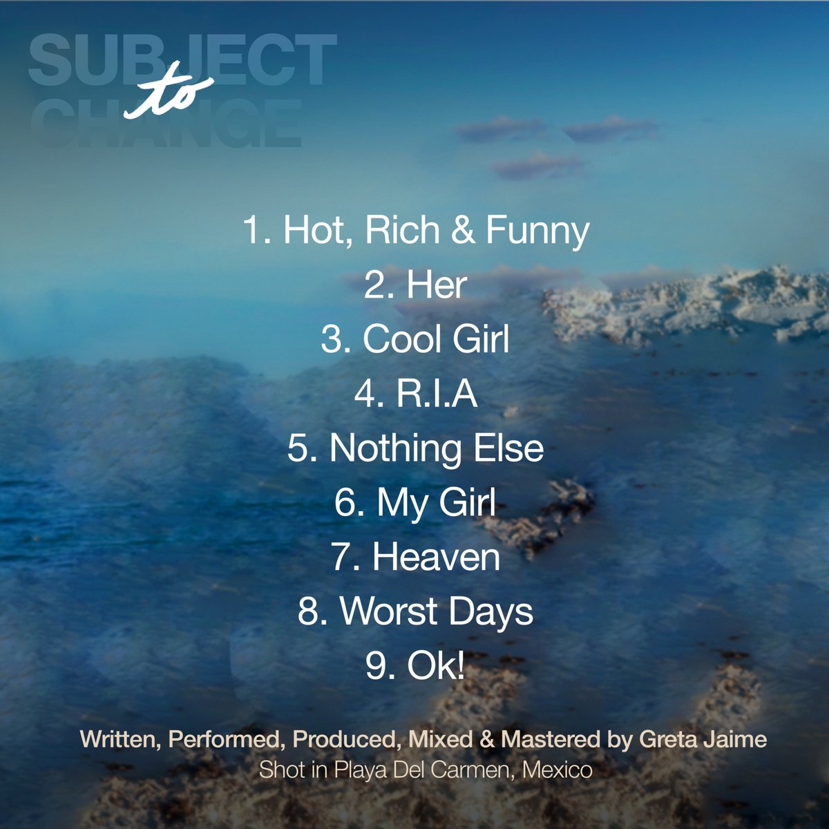 My mixtape, Subject to Change, releases tonight at midnight 🌊🧡

The project started in 2024 and basically chronicles my life over the last year. It’s been a rollercoaster but I’ve discovered a lot and exploring new sounds and subjects has been really fun. Enjoyyyyyy! x