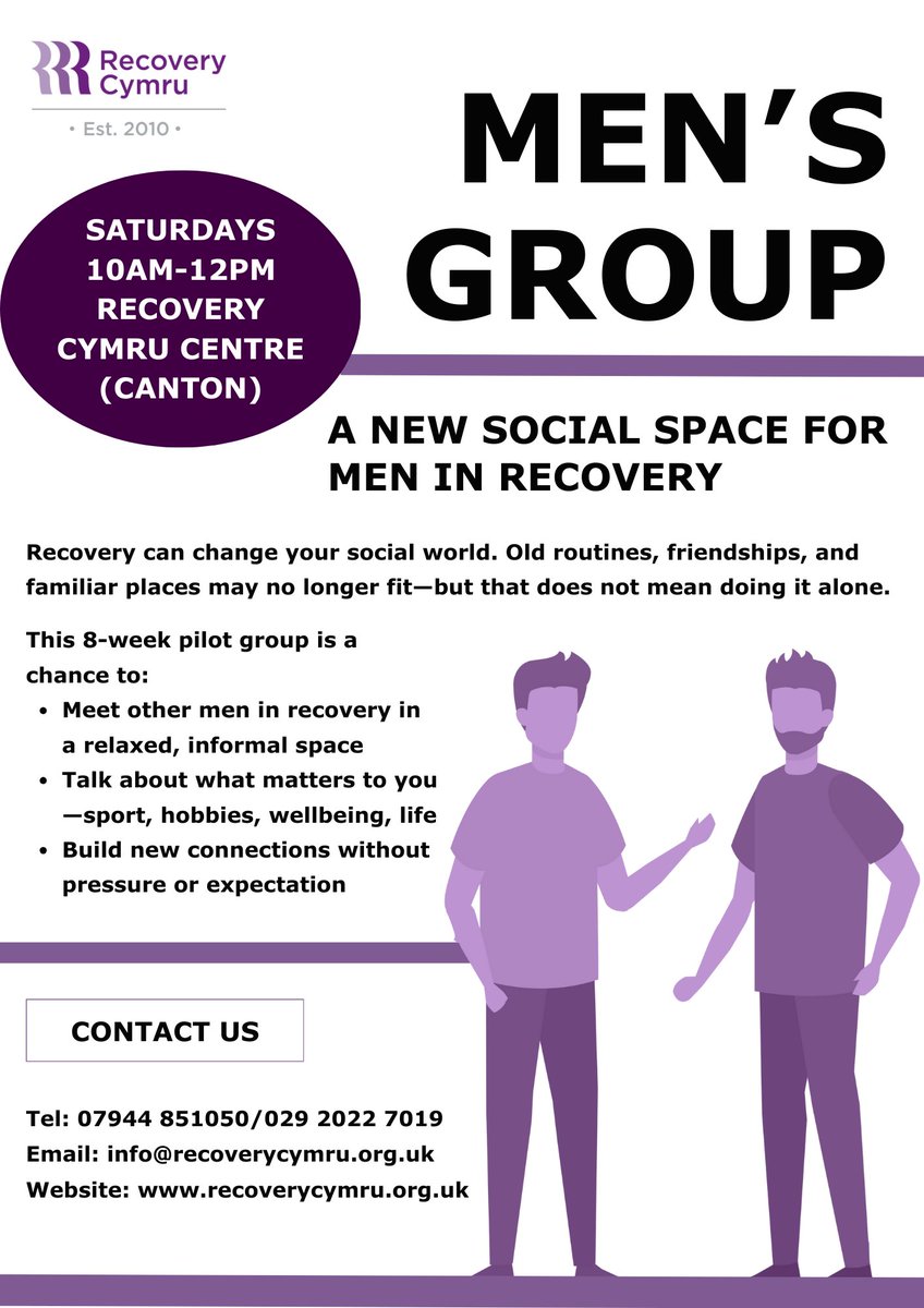 RecoveryCymru's tweet image. Men’s Group is for talking recovery, but not just recovery. Life stuff, the good bits, the rough bits—whatever’s going on, we’re here for it.

Saturday, 1pm at the centre
#MenInRecovery #RecoveryCymru #PeerSupport #CommunityMatters