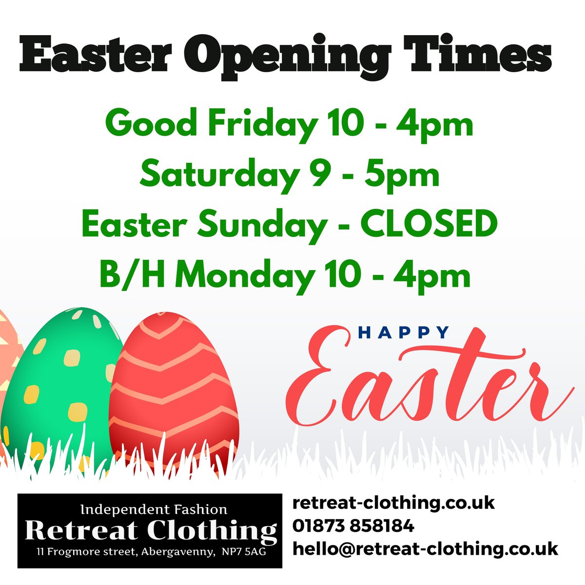 With Easter weekend approaching, here are our opening times, we wish everyone a happy Easter. 
#Abergavenny #easterweekend #easteropeninghours #mensfashion #tailoring #ukindie #Monmouthshire