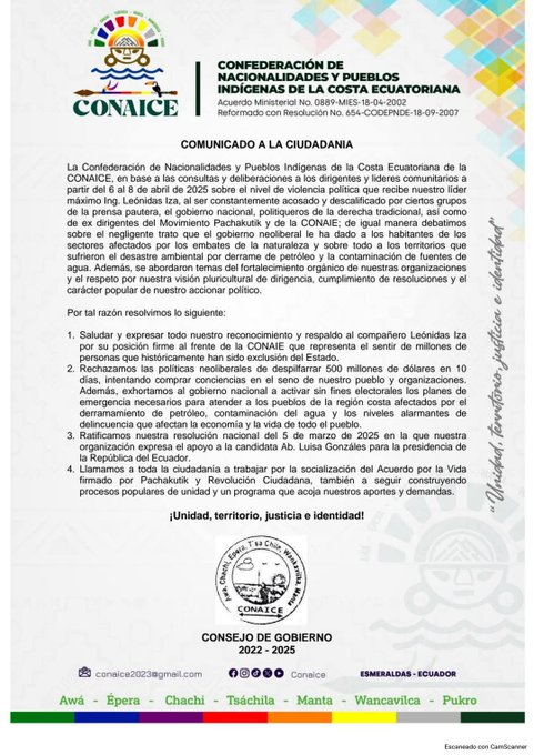 EcEnDirecto's tweet photo. #ATENCIÓN 
La regional Costa, #CONAICE, mediante un comunicado oficial, respalda y se solidariza con @LeonidasIzaEc, frente a los ataques sistemáticos, mediáticos y políticos. Denuncia el #abandono del Gobierno a las comunidades de la #Costa afectadas por desastres y contaminación. Llama a fortalecer la unidad organizativa y la lucha desde los territorios.