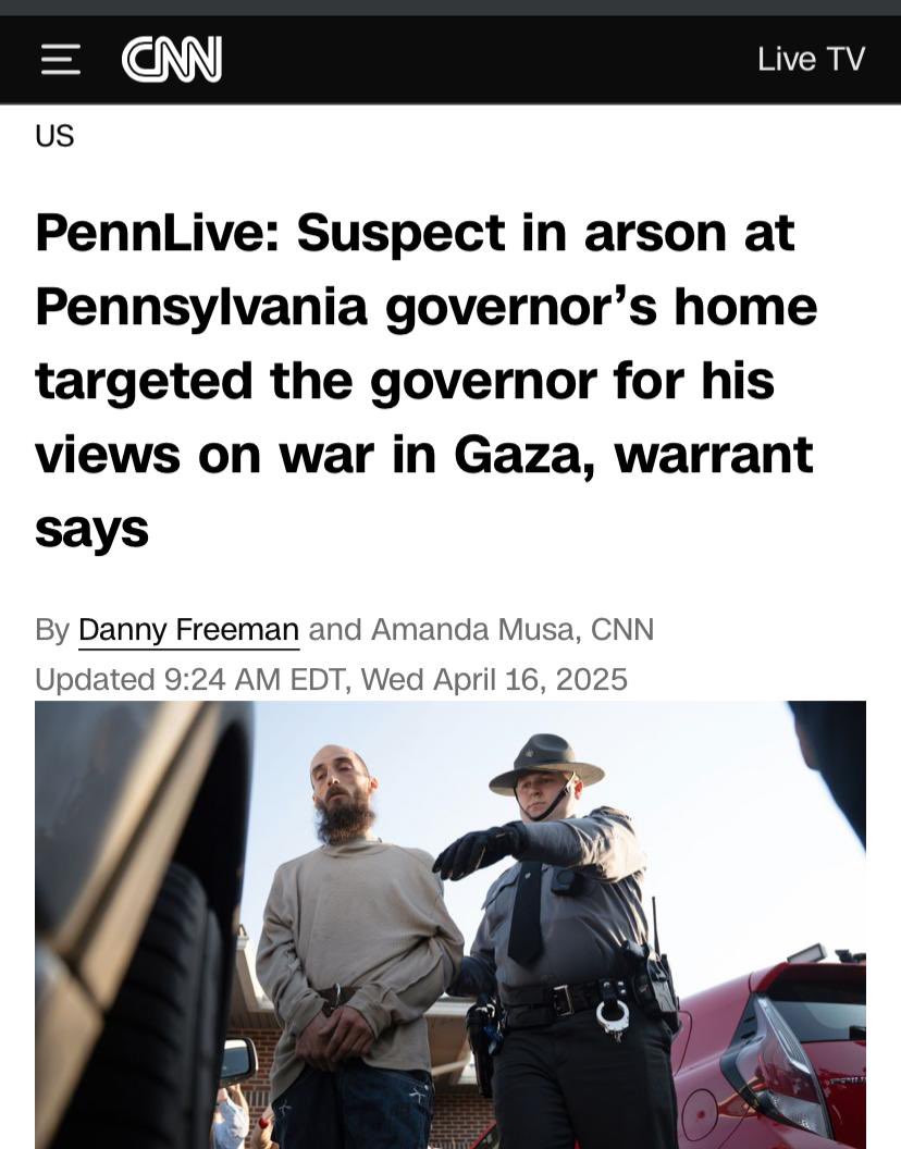 HenMazzig's tweet photo. The arsonist who burned Governor Josh Shapiro's home did so because of his support for Palestine.

In a 911 call he made turning himself in, Cory Balmer stated that he "will not take part in [Shapiro's] plans for what he wants to do to the Palestinian people."

Support for Palestine does not look like burning Jews alive in their homes.