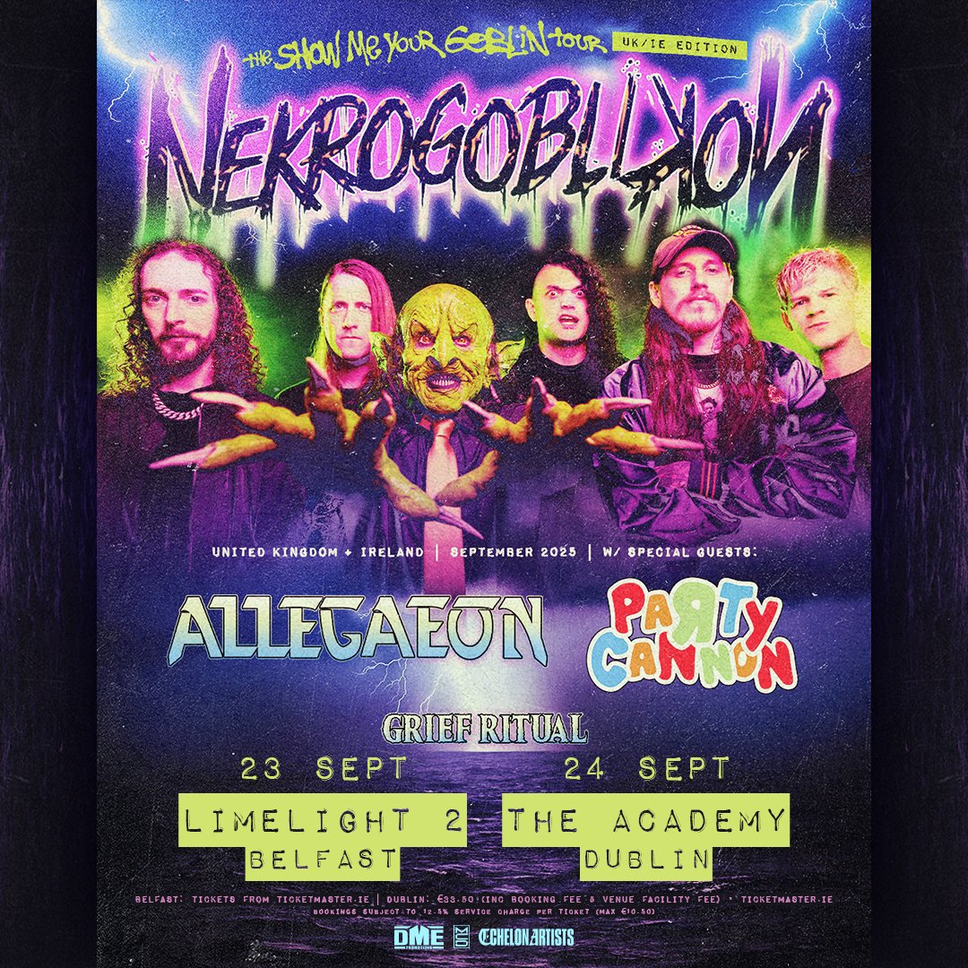 DME Promotions (@dmepromotions) on Twitter photo *New*
<a href="/Nekrogoblikon/">Nekrogoblikon</a> will hit Belfast & Dublin in September as part of their 'Show Me Your Goblin' tour with special guests <a href="/Allegaeon/">Allegaeon</a> <a href="/PartyCannonSlam/">PARTY CANNON - OFFICIAL</a> & Gief Ritual. Tickets on sale Friday 10am via Ticketmaster 🔥 *New*
<a href="/Nekrogoblikon/">Nekrogoblikon</a> will hit Belfast & Dublin in September as part of their 'Show Me Your Goblin' tour with special guests <a href="/Allegaeon/">Allegaeon</a> <a href="/PartyCannonSlam/">PARTY CANNON - OFFICIAL</a> & Gief Ritual. Tickets on sale Friday 10am via Ticketmaster 🔥
