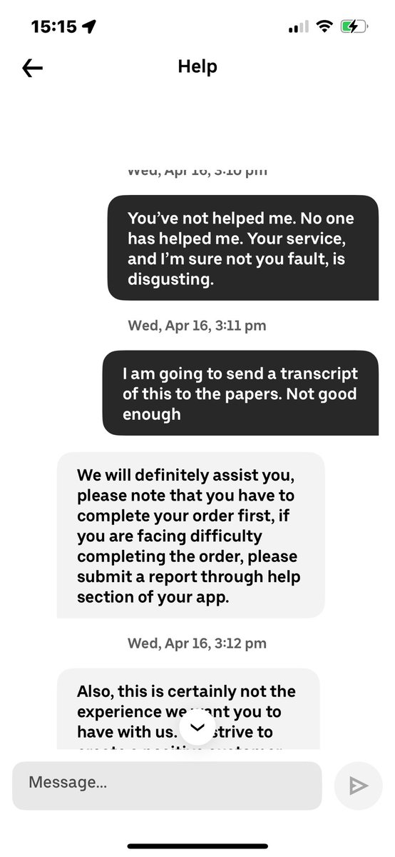 dawatson100's tweet photo. #UberEats read it and weep. The worst service I’ve ever experienced. #DailyExpress #martinlewis https://t.co/g78WwJ5uHE
