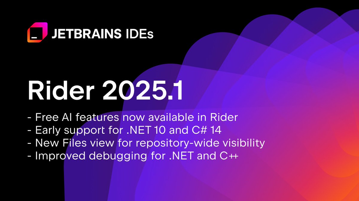 Rider 2025.1 has just landed!
This release introduces some powerful updates, including:
🤖 New free tier for JetBrains AI features
📍 Initial support for C# 14 preview features
🪢 Remote development on Windows hosts
🗂️ New Files view in the Solution Explorer for full repo