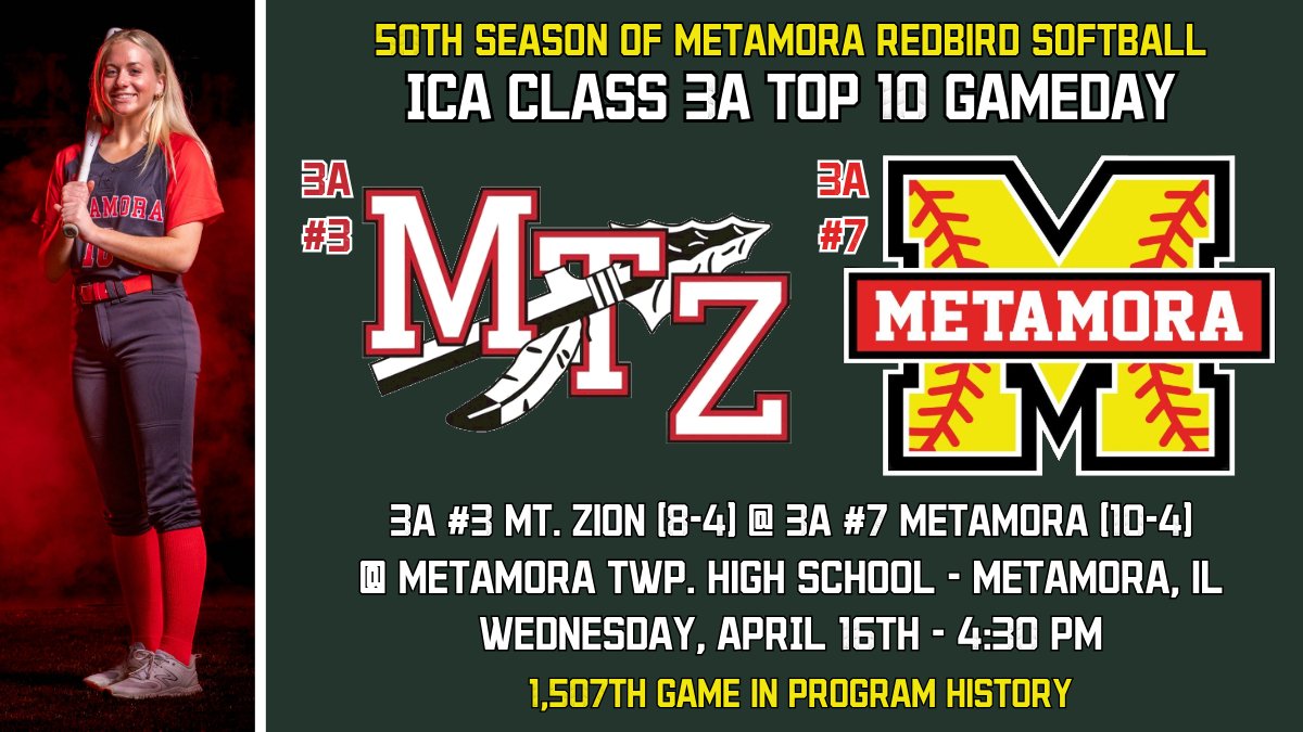 StaabAlex's tweet photo. Short turnaround for a Top 10 Showdown at the home field! 

🥎 | 3A #7 @SoftballMTHS 
🆚 | 3A #3 Mt. Zion
📍 | MTHS
🕰️ | 4:30 PM
🌤️ | 67 degrees, mostly sunny, 7 mph wind RF to LF
📊 | GameChanger; "Metamora Varsity Redbirds"

#ONE #pjspreps https://t.co/cwiDlhDedA