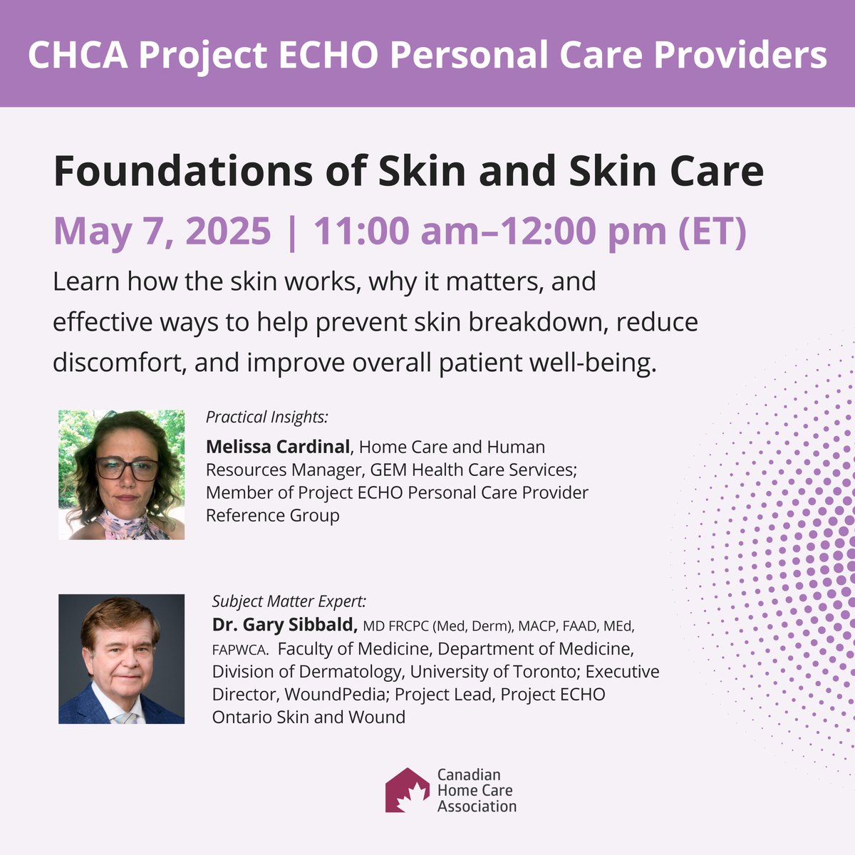Personal care providers are essential members of the healthcare team. Our new Project ECHO stream is focused on building the skills, knowledge and confidence of these important healthcare workers. 
 
Join our TeleECHO session on May 7, the first in a 3-part series on skin