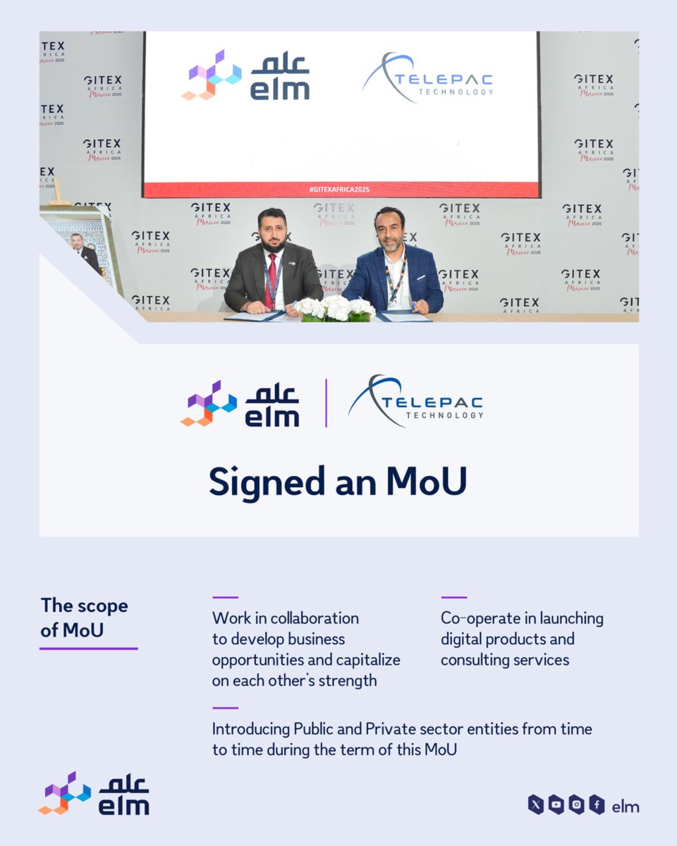 📃| During #GITEXAFRICA, #elm signed an MoU with «Telepac Tehcnology» to collaborate on developing digital solutions.
