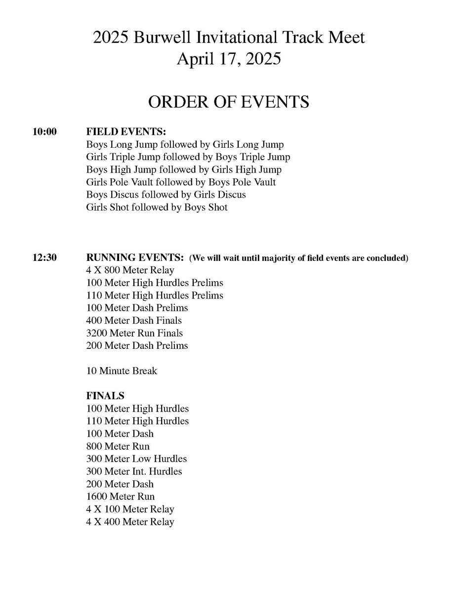 Here is the schedule of events for Thursday's HS Track Meet @ Burwell beginning at 10:00AM.