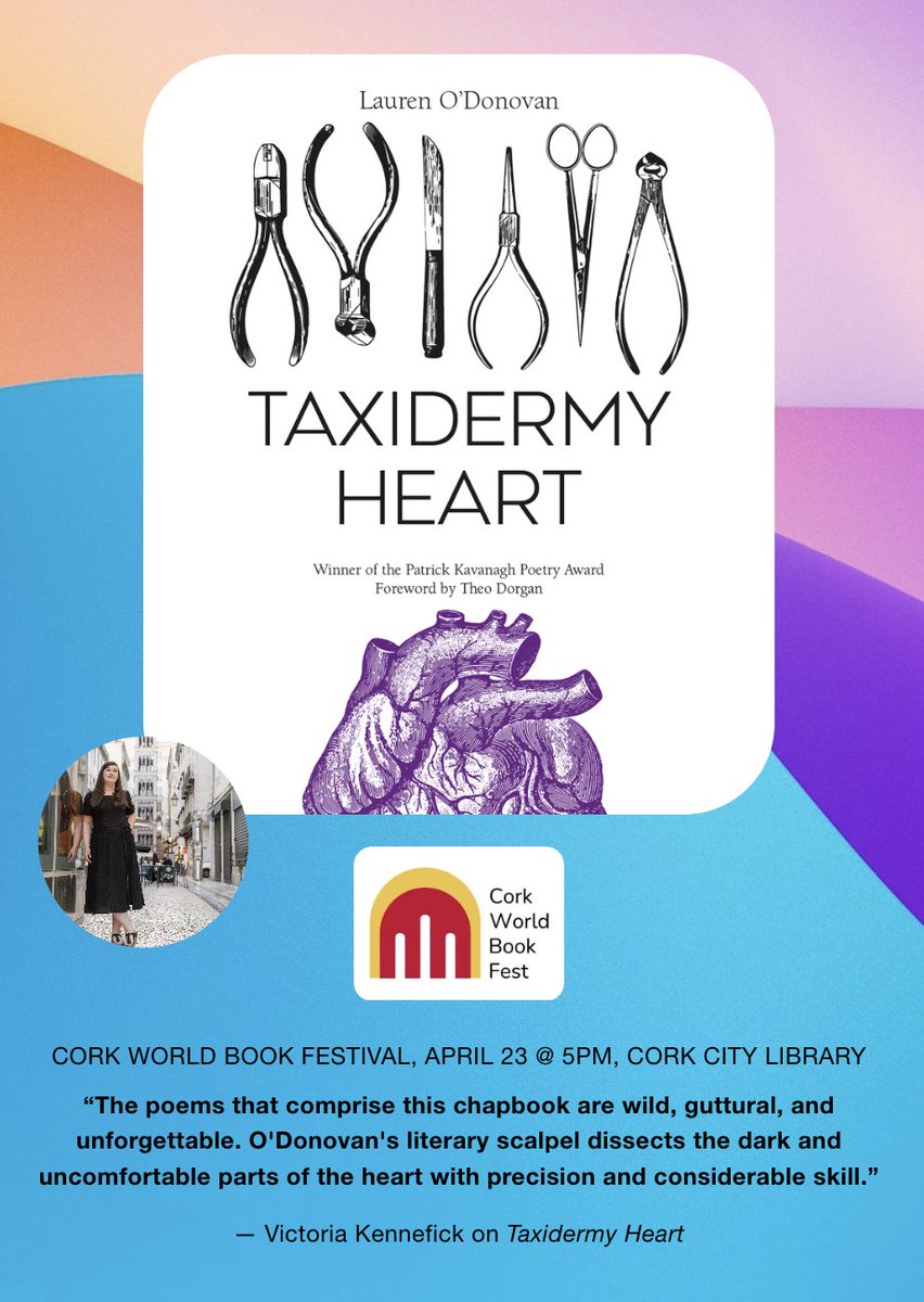 Lauren O'Donovan (@laurenodonovanw) on Twitter photo This very day next week, Wen. April 23rd, ‘Taxidermy Heart’ launches at 5pm at Cork City Library as part of @corkworldbook fest. Huge thanks to <a href="/corkcitylibrary/">Cork City Libraries</a>, @creativeireland, @corkworldbook,One City One Book Initiative, and <a href="/badlymadebooks/">badly made books ltd</a> 🙏 💜
corkworldbookfest.com/events/the-art… This very day next week, Wen. April 23rd, ‘Taxidermy Heart’ launches at 5pm at Cork City Library as part of @corkworldbook fest. Huge thanks to <a href="/corkcitylibrary/">Cork City Libraries</a>, @creativeireland, @corkworldbook,One City One Book Initiative, and <a href="/badlymadebooks/">badly made books ltd</a> 🙏 💜
corkworldbookfest.com/events/the-art…
