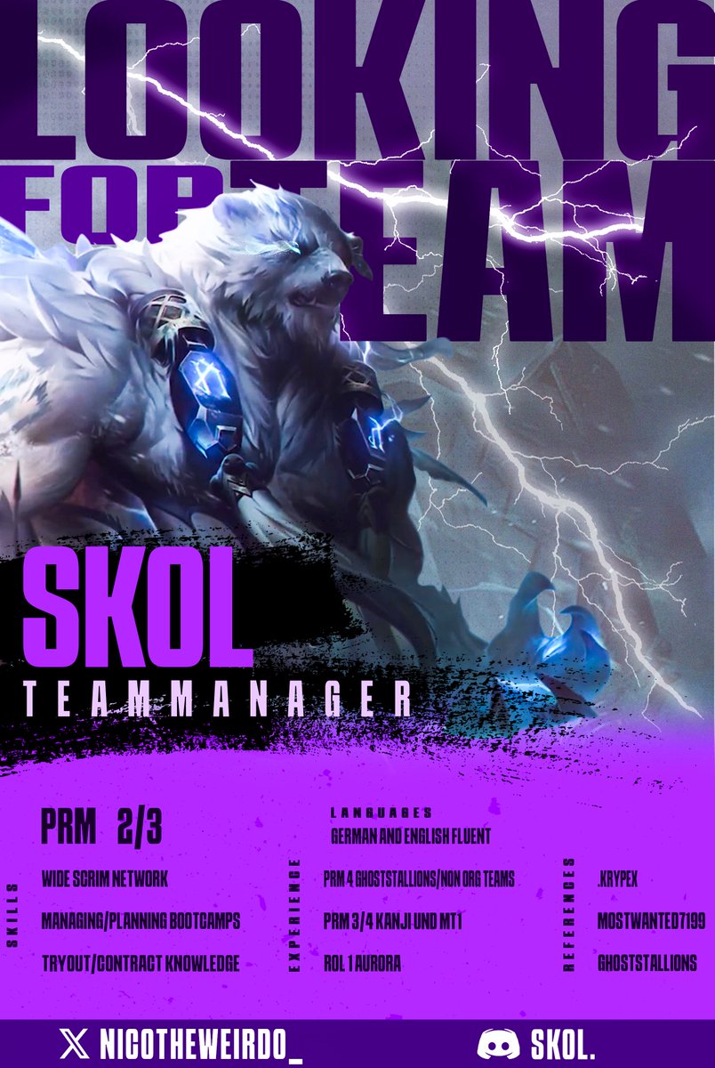 While still being Team Manager of Aurora in ROL1 and Performance Director at MT1, I would like to look for other opportunities for this off-season/upcoming split.
Mainly looking for PRM2/3 or equal leagues :D

(big &lt;3 to <a href="/lolayoji/">Alina</a> for this banger graphic)
<a href="/lft_prm/">LFT PRM</a>