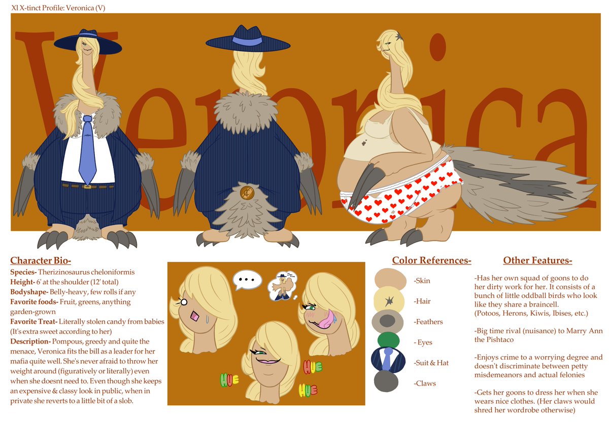 Really liked working on this new gal! Meet Veronica, a Therizinosaurus mob boss with a big figure, big attitude and big appetite!
The design &amp; ref sheet were sponsored by by my bud <a href="/UmbraHive/">Umbra 🔞</a> so be sure to check him out for more of her in the future as well as his other gals!