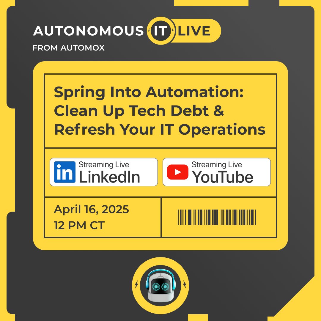 Automox's tweet image. Are you ready to hear from experts in the field on strategies to clean up your tech debt, improve site reliability, and even achieve real work-life balance? 🚀 It&apos;s happening TODAY!

🙌 Join us at 12 PM CT on YouTube or LinkedIn for our third live show: okt.to/IVSdf8