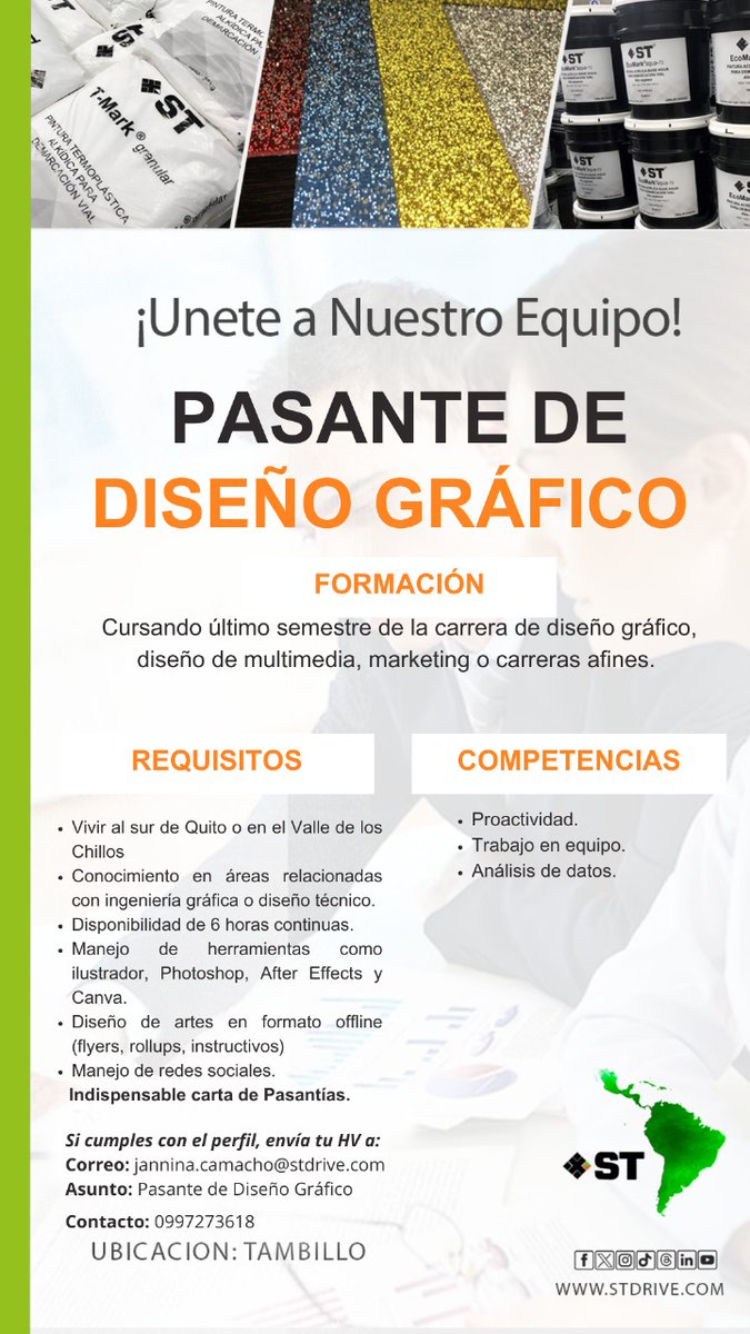 En ST Innova estamos buscando un Pasante de Diseño Gráfico:
🖌️ Lo que harás:
•Apoyar en el diseño de contenido para redes sociales
•Aprender de un entorno innovador.
📍 Ubicación: Tambillo
📎 Modalidad: Presencial
Envía tu portafolio o CV a jannina.camacho@stdrive.com