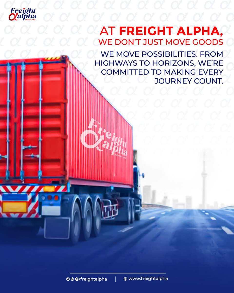 freightalpha's tweet image. We’re dedicated to creating smarter, smoother, and more meaningful routes that push progress forward.

:
Visit our website: freightalpha.in
Email us at: info@freightalpha.in
:
#FreightAlpha #MovingPossibilities #DrivenWithPurpose #EveryJourneyMatters #Highways