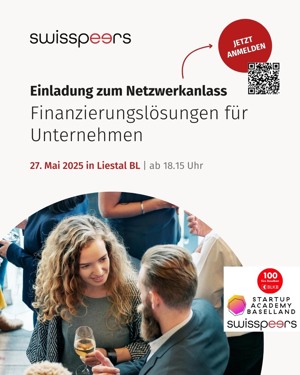 Die Startup-Academy Baselland, die BLKB (Basellandschaftliche Kantonalbank) und swisspeers laden Sie herzlich zu einem inspirierenden Netzwerkanlass ein. Im Zentrum stehen spannende Einblicke in unterschiedliche Finanzierungswege für Unternehmen sowie der Austausch unter