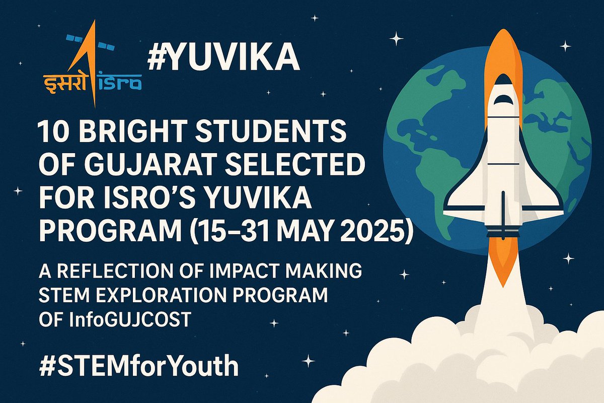 narottamsahoo's tweet image. Delighted to share that 10 bright young minds from #Gujarat have been selected for #ISRO’s #YUVIKA program (15–31 May 2025)!

A proud moment that reflects the impact of @InfoGujcost's #STEMoutreach - nurturing #curiosity, inspiring #innovation, and empowering future