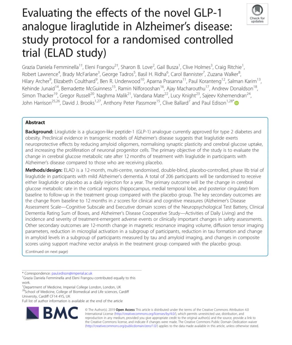 #DM #CVD 
📍نتغنى دائماً ولازلنا أن الSGLT2I و GLP-1 يقللون خطر الإصابة بأمراض القلب والكلى ويحافظون على وظائفهم ويقللون خطر الموت بنسبة تتجاوز ال30% 💫

هل آن الأوان ونتغنى أنهم أيضاً neuroprotecrive؟ 
ELAD trial (liraglutide in Alzheimer) تقول أن الliraglutide slowed cognitive
