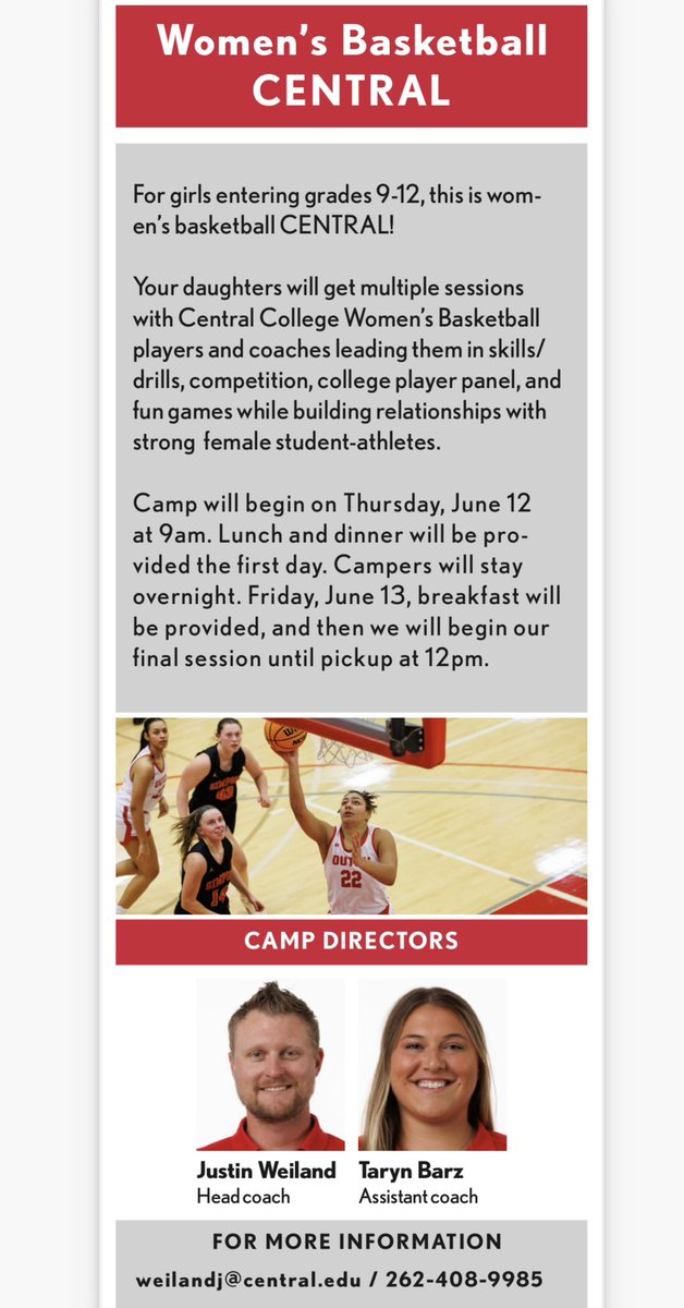 Justin Weiland (@coach_jweiland) on Twitter photo Our Central WBB Elite Camp is set! Any HS GBB players looking for a great 2 day camp to grow your skills, play vs the best, & learn from college players, look no further! Link to register will be live soon! Email Coach J @ WeilandJ@central.edu if interested / have any questions! Our Central WBB Elite Camp is set! Any HS GBB players looking for a great 2 day camp to grow your skills, play vs the best, & learn from college players, look no further! Link to register will be live soon! Email Coach J @ WeilandJ@central.edu if interested / have any questions!