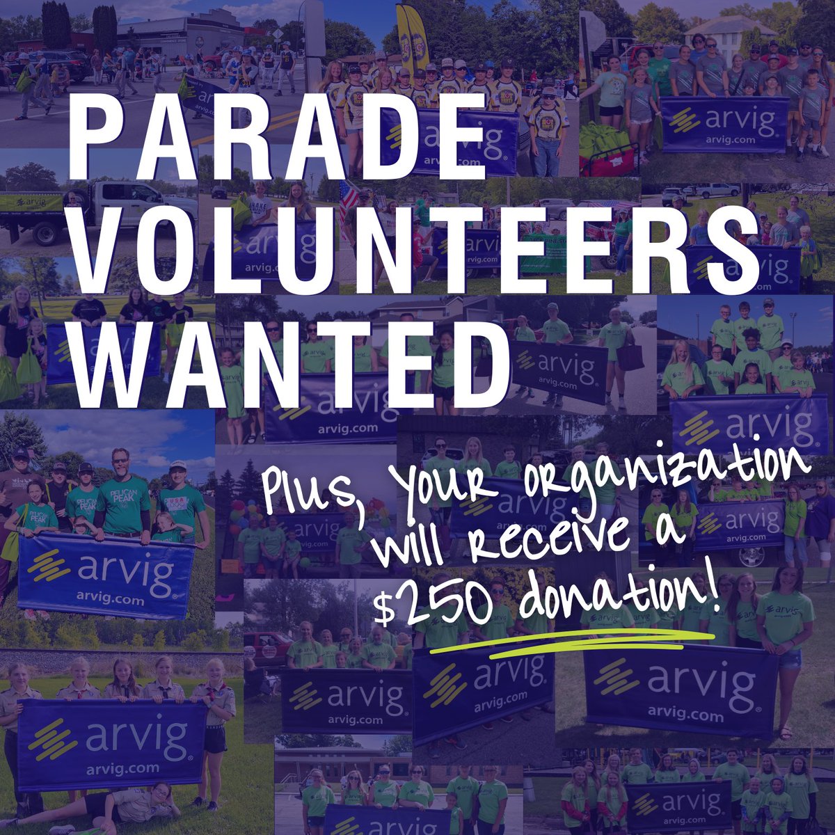 Is your youth group or school organization looking to raise funds this summer? 💰🎉

Arvig is offering the opportunity for groups to join local parades on our behalf. By participating, your organization will receive a $250 donation! To sign up and access more details, visit