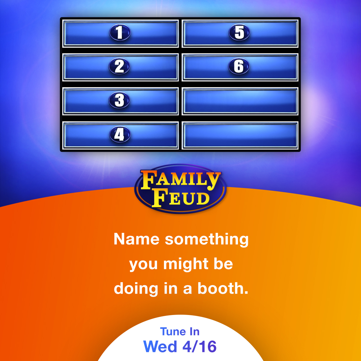 NBC40_WTWC's tweet photo. @FamilyFeud This one might take you for a loop 🥴Top 6 answers on the board. "Name something you might be doing in a booth." Tune in at 6PM on NBC40! #Family https://t.co/NrLqn15iLh