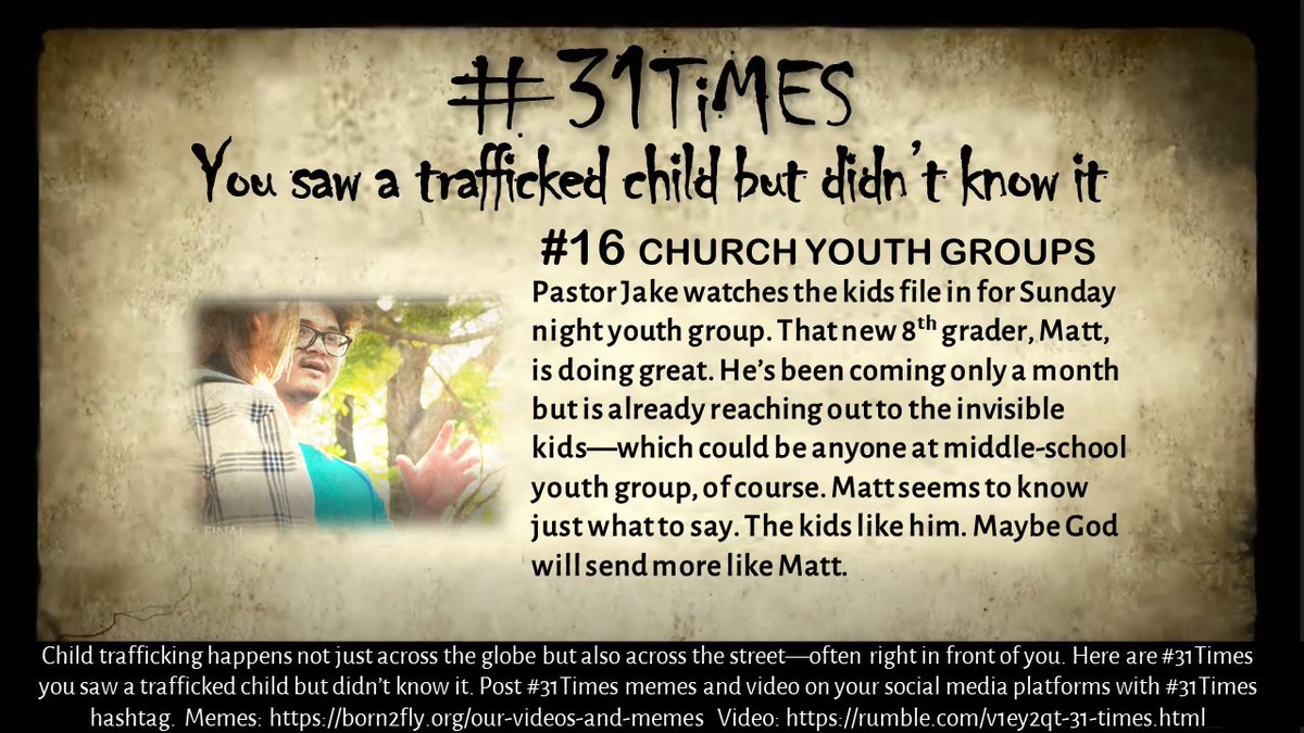 JusticeReportr's tweet photo. #31TiMES you were face to face with a trafficked child but didn't know it.

#16: Church youth groups

Child trafficking has many faces. Don't miss the one right in front of you.

#31TiMES is published each day in April. #31TiMES documentary by @PainsAngels2 and @JusticeReportr -- https://t.co/YykHXWUTiU.