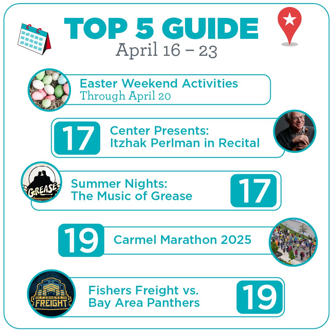 Top 5 Guide 👋  A weekly lineup of events in Hamilton County, Indiana!

🗓️ Full Events Calendar: bit.ly/42u2eNn
📩 Events E-Newsletter: bit.ly/4j3k5Si

#VisitHC