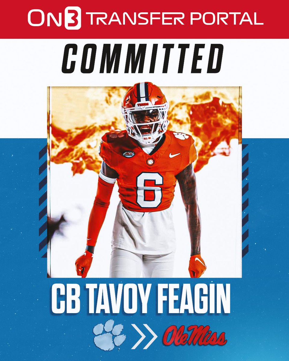 Transfer Portal (@transferportal_) on Twitter photo BREAKING: Clemson transfer CB Tavoy Feagin has committed to Ole Miss, <a href="/Hayesfawcett3/">Hayes Fawcett</a> reports🦈
on3.com/college/ole-mi… BREAKING: Clemson transfer CB Tavoy Feagin has committed to Ole Miss, <a href="/Hayesfawcett3/">Hayes Fawcett</a> reports🦈
on3.com/college/ole-mi…