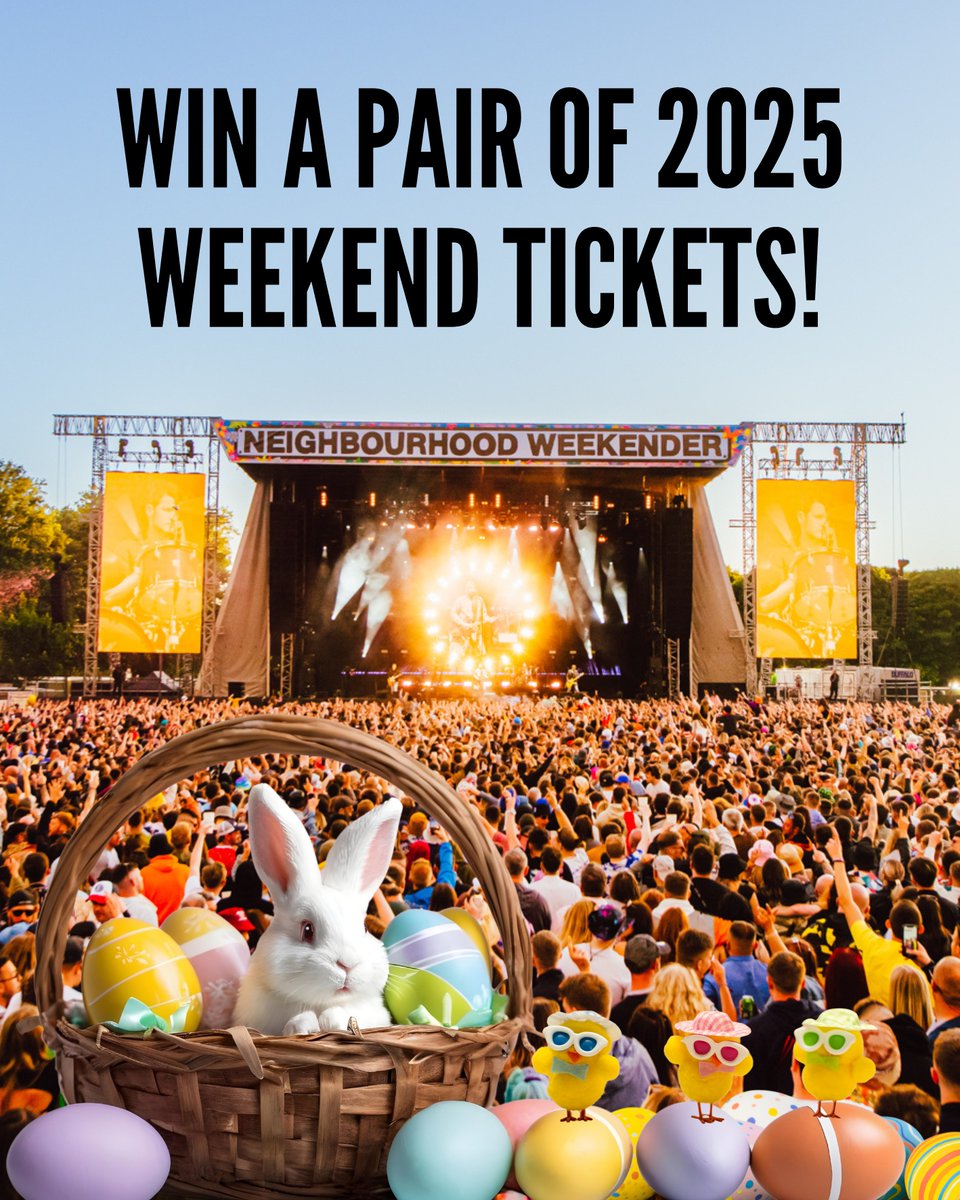 NBHD Weekender (@nbhdweekender) on Twitter photo WIN 2X WEEKEND TICKETS FOR NEIGHBOURHOOD WEEKENDER 2025!
We're getting into the Easter spirit, and to celebrate we'd like you to change the name of one of our acts to make them Easter themed or sweet treat themed! 
 
The winner will be selected next week.
Hoppy Easter gang 🐇 WIN 2X WEEKEND TICKETS FOR NEIGHBOURHOOD WEEKENDER 2025!
We're getting into the Easter spirit, and to celebrate we'd like you to change the name of one of our acts to make them Easter themed or sweet treat themed! 
 
The winner will be selected next week.
Hoppy Easter gang 🐇