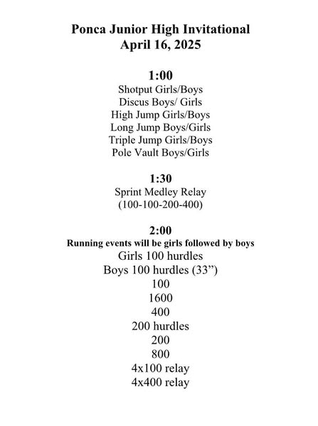 Good luck today to the TCNE Wolfpack JH Track &amp; Field Team as they travel to Ponca to compete in the Ponca JH Invitational track meet this afternoon.  Field events set to begin at 1 pm, sprint medley relay at 1:30 pm and running events at 2 pm.  Go Pack Go!