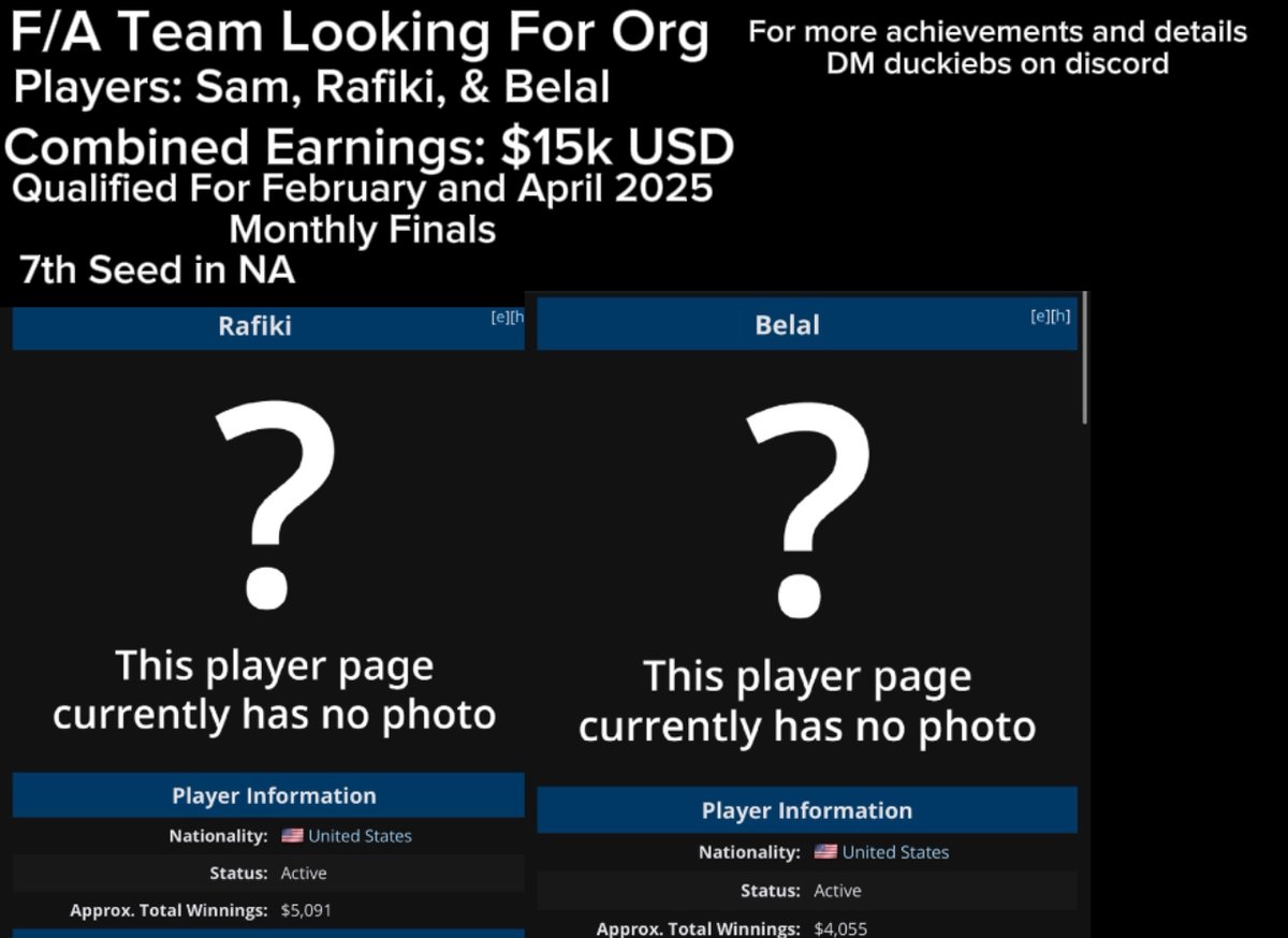 F/A Team Looking For An Organization To Represent For The April Monthly Finals and For The Rest Of The Season 

❤️ and ♻️ appreciated