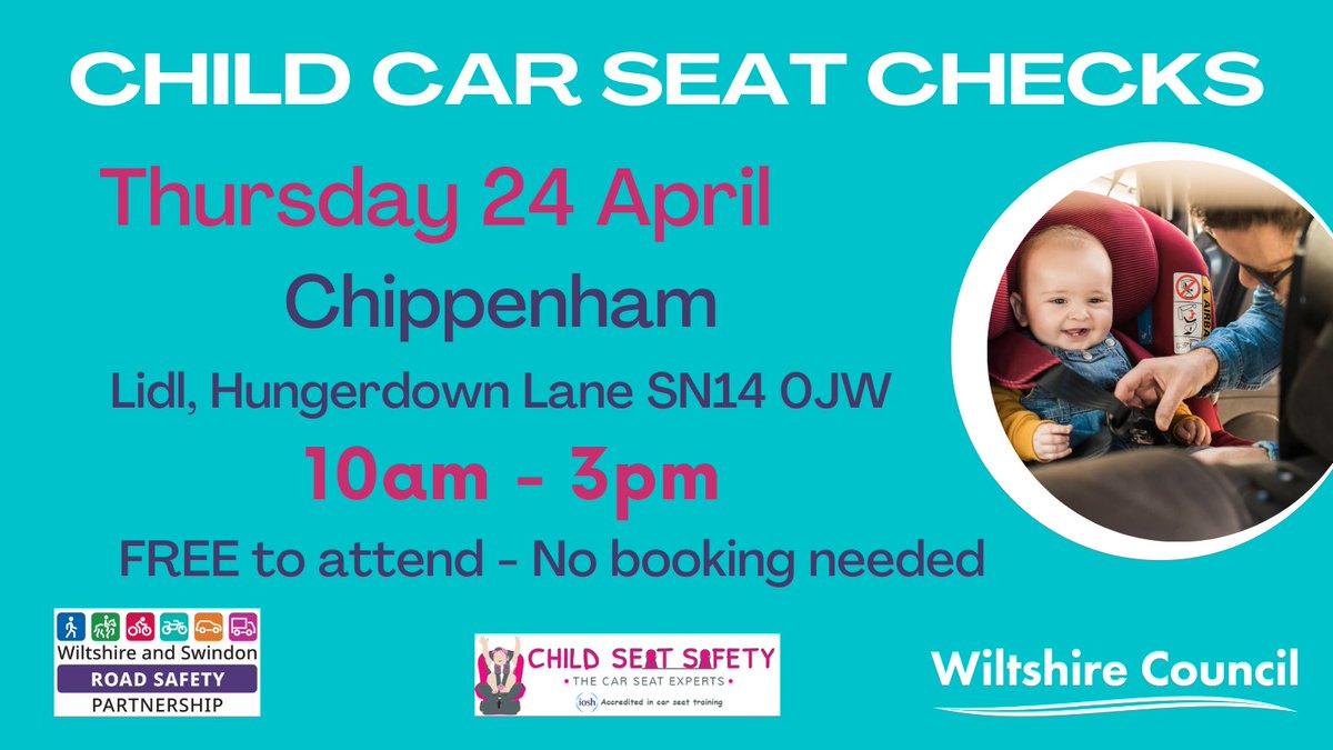 📢Calling all parents, grandparents &amp; child carers in #Chippenham! Pop along to our car seat event at Lidl next Thursday (24th) for FREE fitting &amp; safety checks &amp; expert &amp; independent advice on choosing &amp; using the right seat for your child, family &amp; vehicle. 10am-3pm