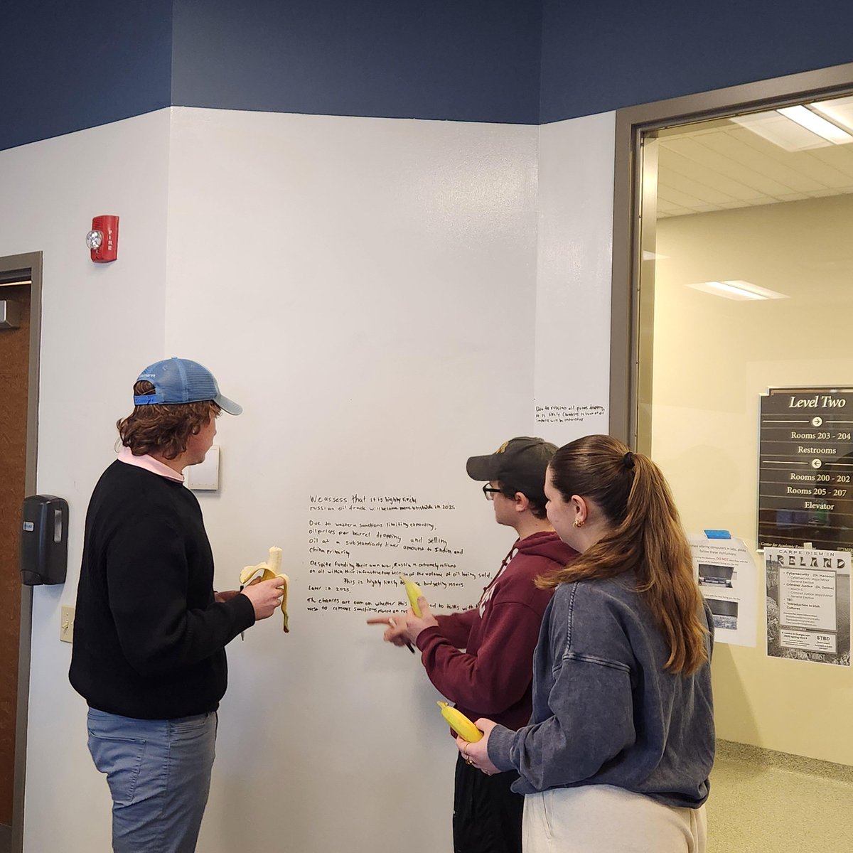 MercyhurstICGP's tweet photo. Today is National Banana Day! Our Intel Writing and Presentation students were split between peeling back the layers or bunching up for laughs! Carpe Diem! #HURSTisHOME #NationalBananaDay #intelligencewriting https://t.co/heXzbe7FS2